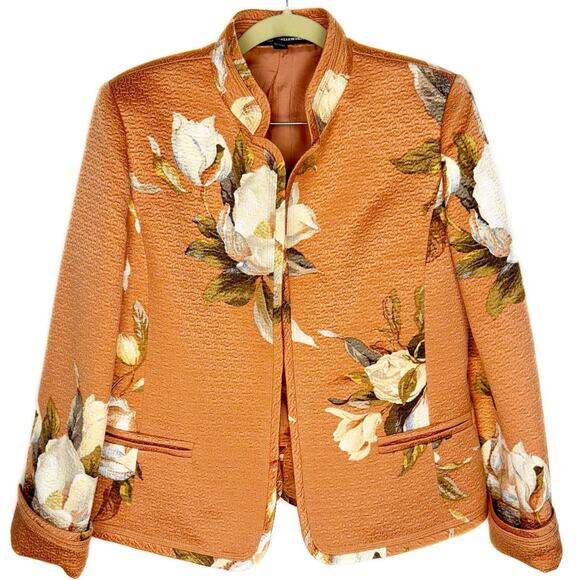 Linda Allard Ellen Tracy Peach Floral Textured Cotton Silk Elegant Blazer Sz 6